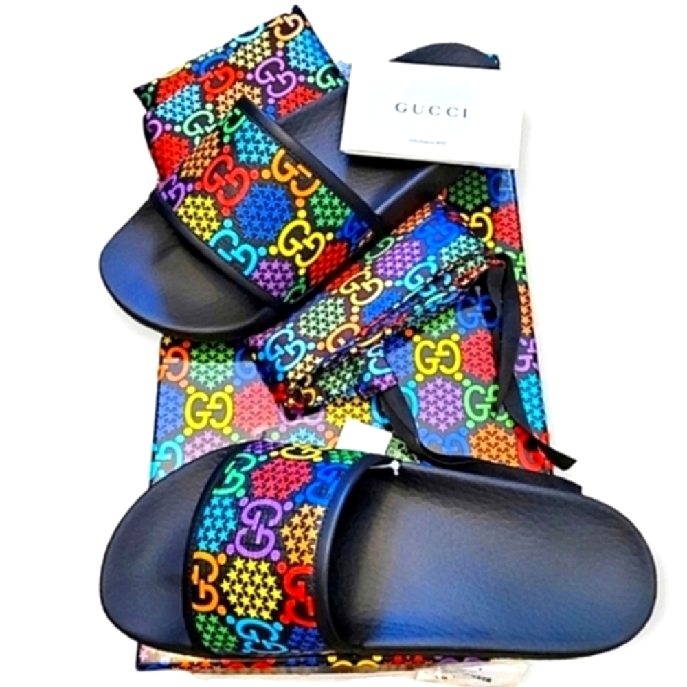 NIB Gucci Psychedelic Monogram G Logo Casual Colorful Beach Slides & Box 6.5 COA